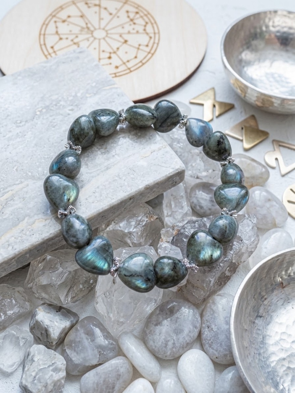 ✨Handmade Labradorite Heart Gemstone Bracelet | Silver Accent Spacers